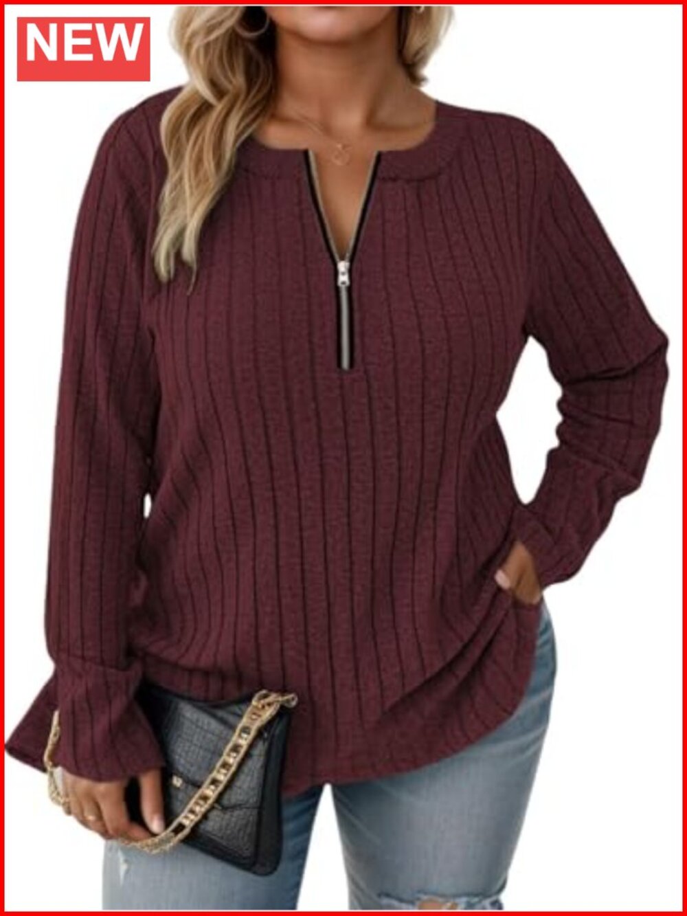 Womens Plus Size Quarter Zip Ribbed Knit Pullover Sweater Long Sleeve Tunic Top